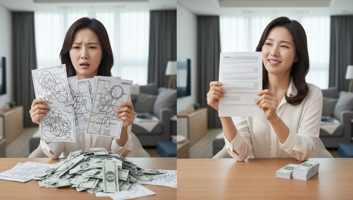 복잡하게 중복된 보험 서류(왼쪽)와 효율적으로 정리된 보험 서류(오른쪽)를 비교하는 한국인 여성의 모습.