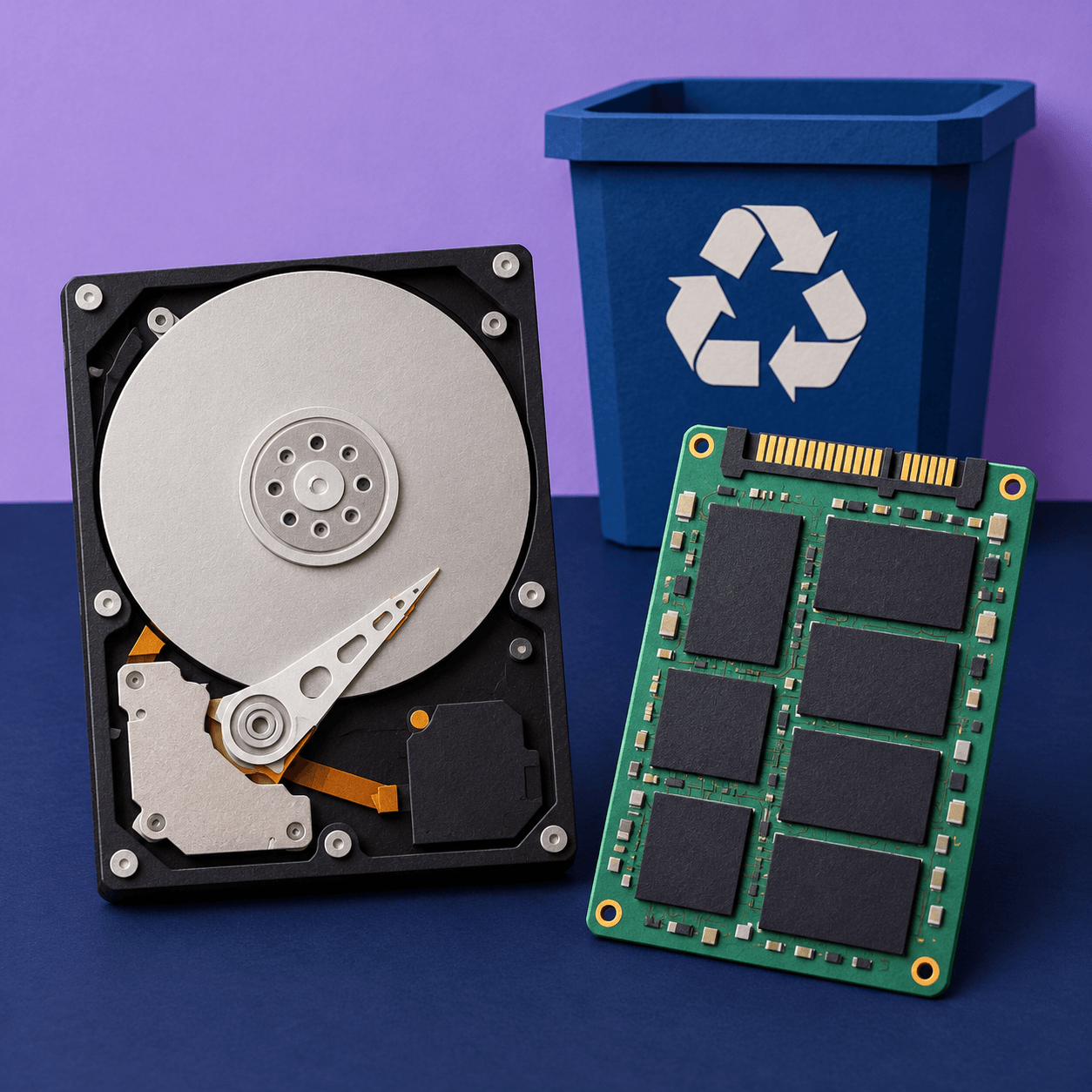 HDD 원판과 SSD 메모리 칩 비교