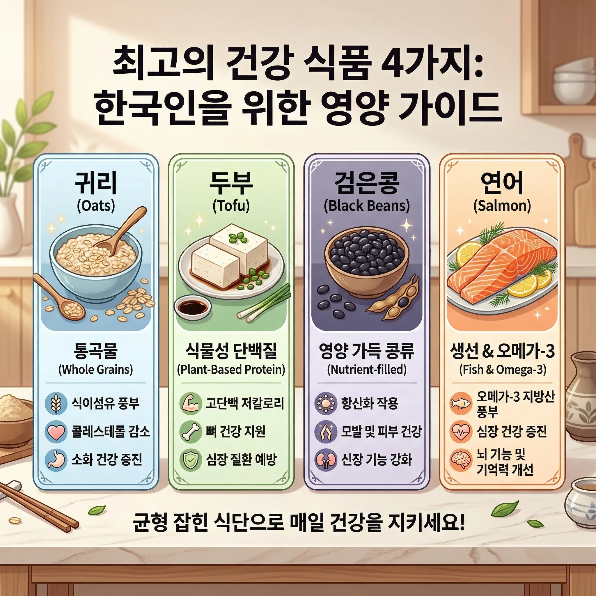 귀리와 두부, 검은콩, 연어가 정리된 건강 식재료 이미지
