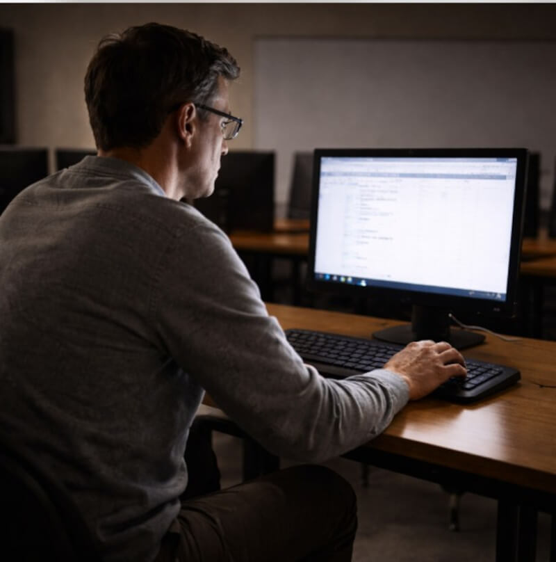 수업이 끝난 뒤 불 꺼진 교실 한쪽에서 혼자 화면을 다시 확인하며 손을 움직이는 사람의 모습