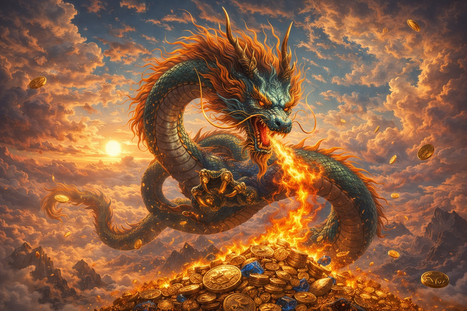 2026년 병오년 용띠 신년운세 대표 이미지, 하늘을 나는 용과 재물운을 상징하는 금빛 일러스트