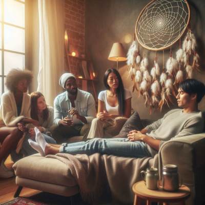 사람들 간의 대화와 편안한 분위기, 아늑한 거실.