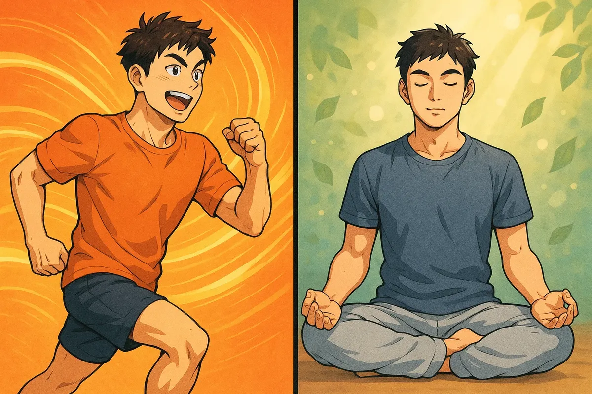 활동적인 운동과 명상으로 균형 잡힌 라이프스타일 장면