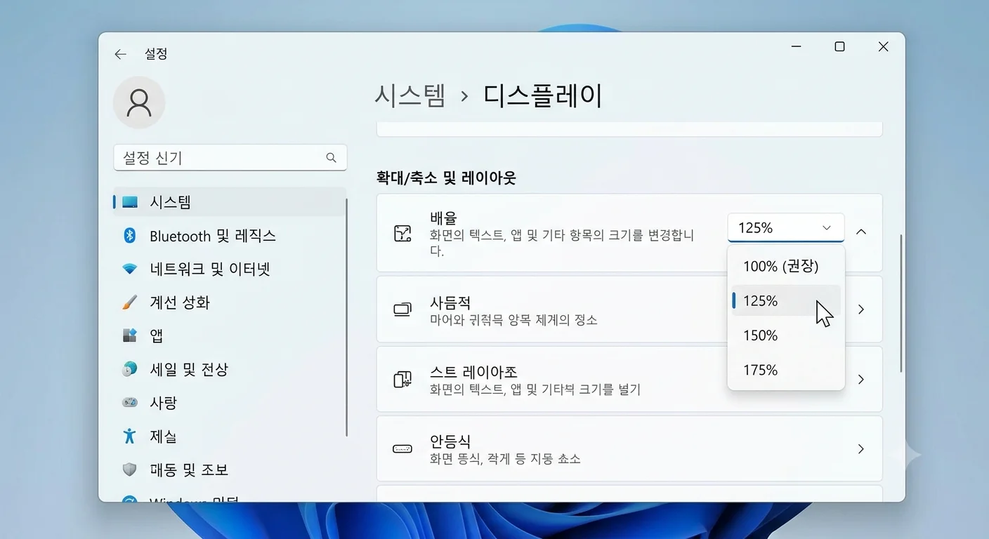 윈도우 11 디스플레이 배율 설정 125퍼센트 150퍼센트 가독성 최적화 화면