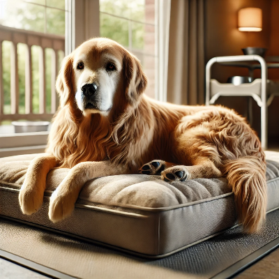 관절염이 있는 강아지가 앉아 있는 모습