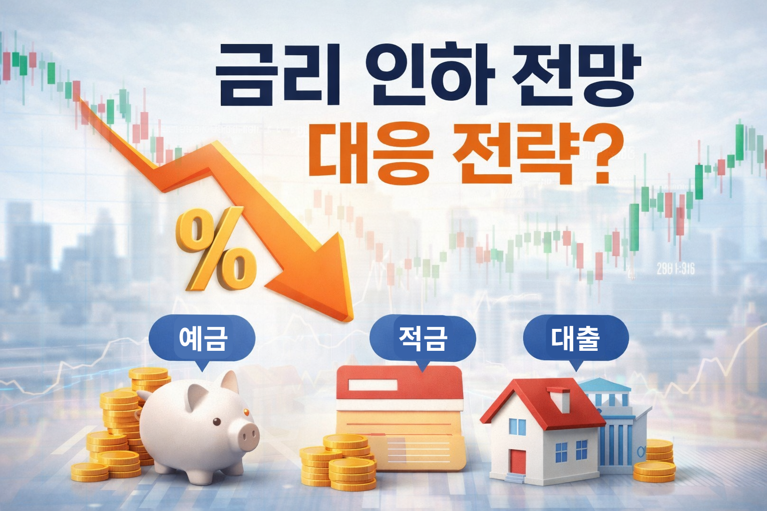 금리 인하 전망 속에서 예금, 적금, 대출 대응 전략을 한눈에 보여주는 금융 인포그래픽