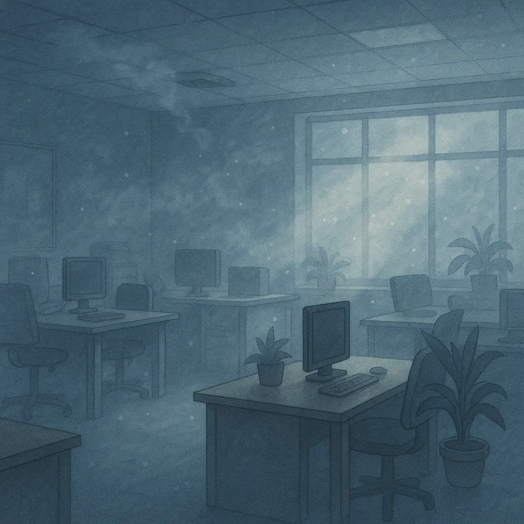 사무실-탁한-공기-먼지-부유-책상과-컴퓨터-식물이-있는-밀폐된-공간-일러스트
