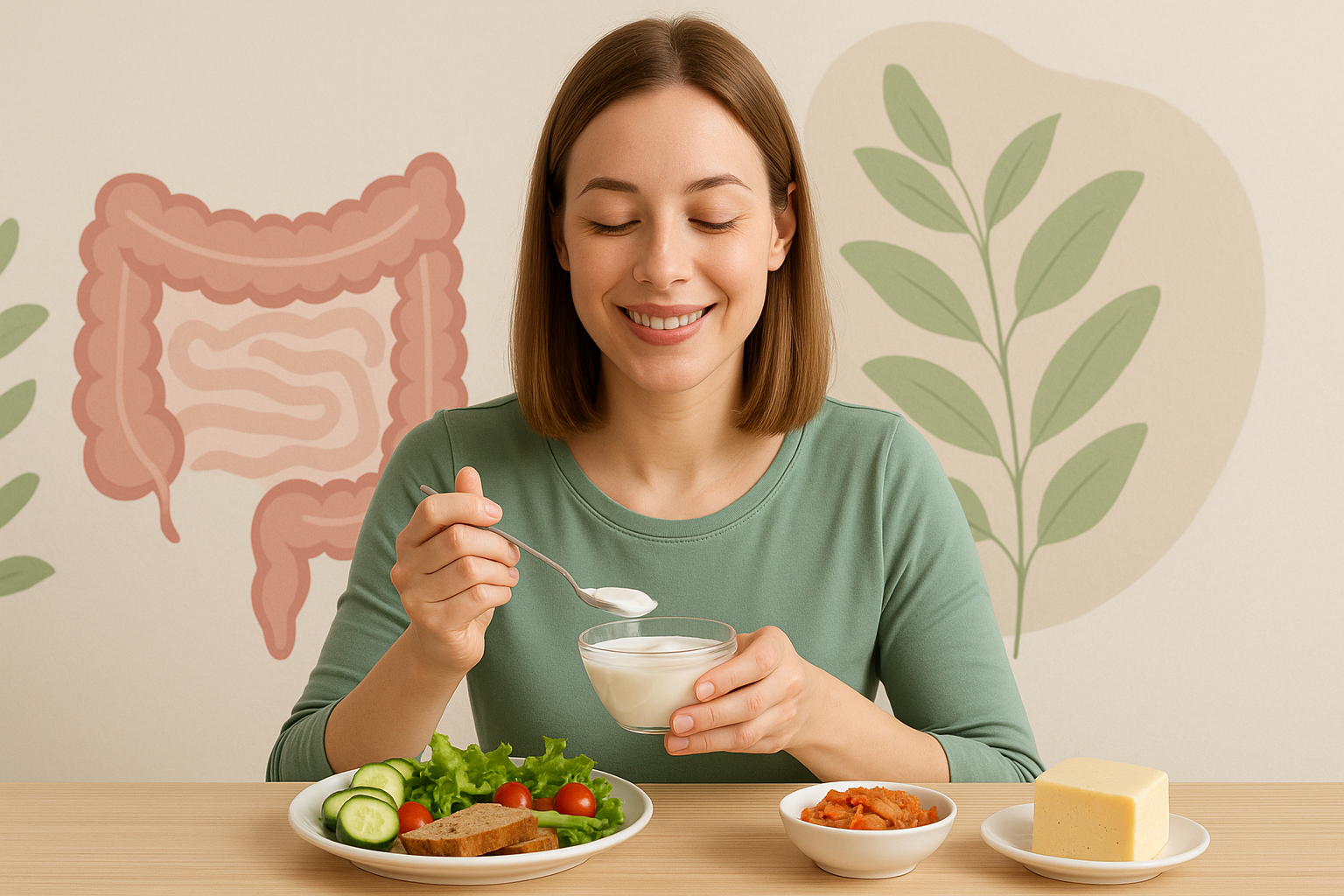 유산균이 풍부한 건강 식단을 즐기는 여성의 장 건강 식습관 장면