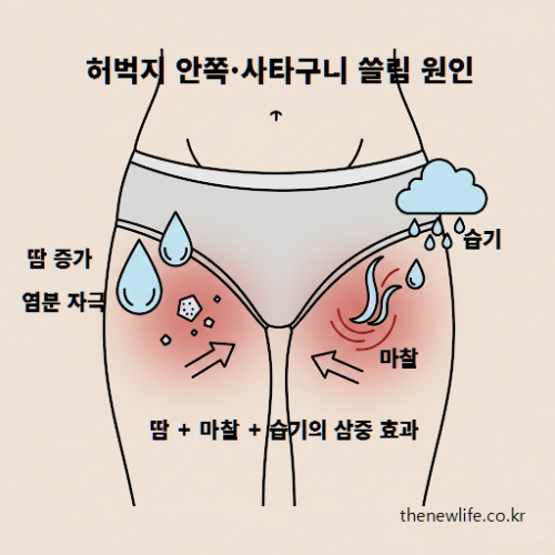 운동 중 허벅지 안쪽과 사타구니 쓸림 원인, 땀&middot;마찰&middot;습기의 삼중 효과를 설명하는 이미지