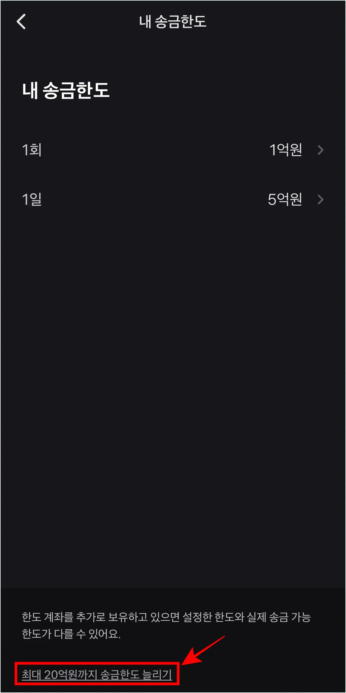 내 송금한도 화면 하단의 "최대 20억 원까지 송금한도 늘리기"를 선택