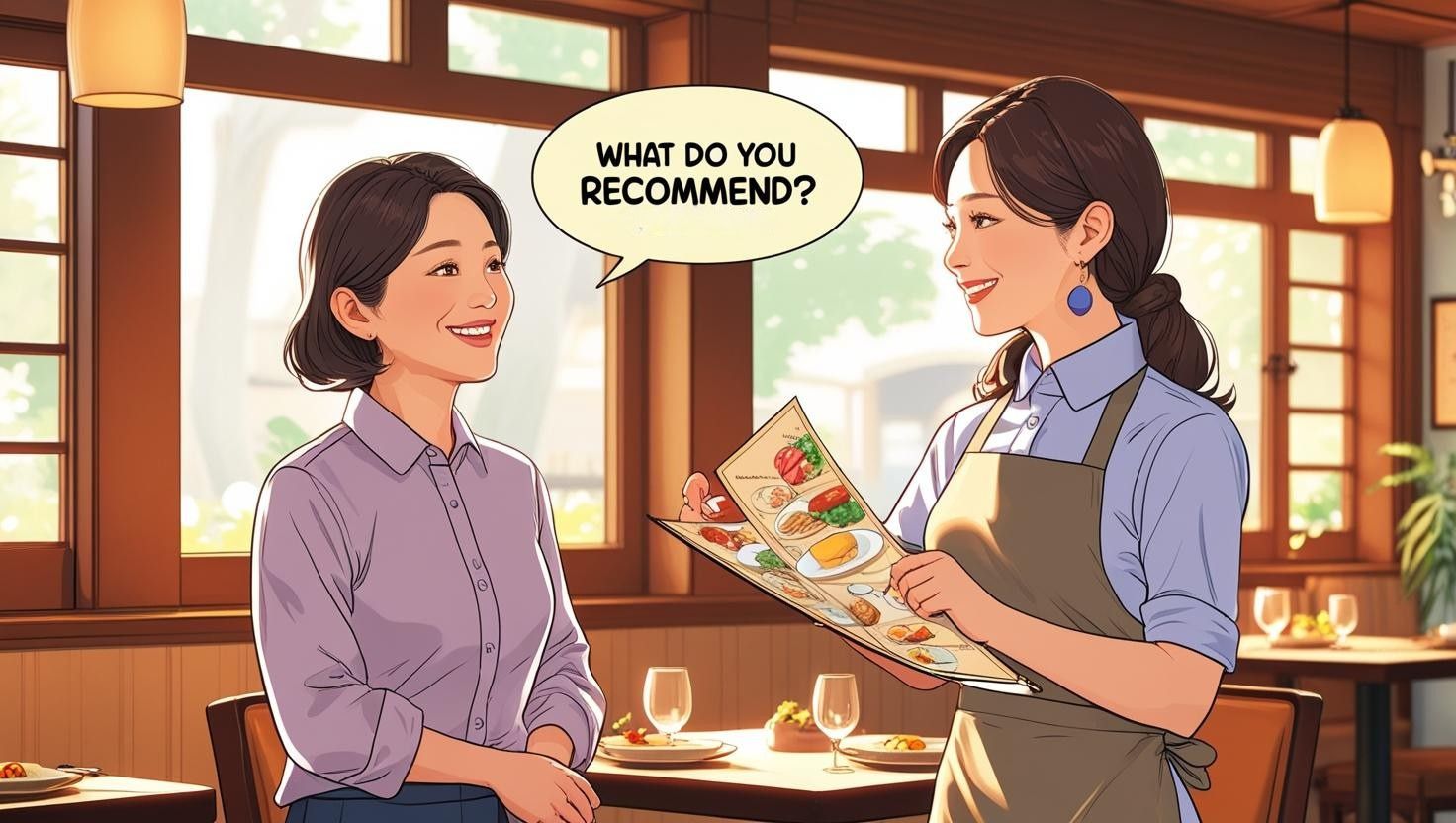 해외여행 식당에서 메뉴를 추천받는 중년 한국 여성과 웨이터 대화 장면 &ndash; "What do you recommend?"
