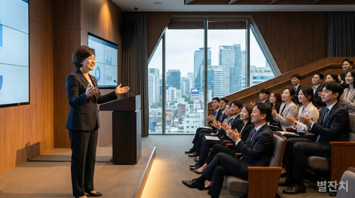 카리스마 있는 한국인 CEO가 직원들에게 영감을 주는 프레젠테이션을 하는 모습