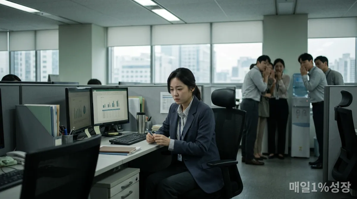 한국 사무실에서 홀로 앉아 고립감을 느끼는 직장인의 모습, 직장 내 괴롭힘을 상징.