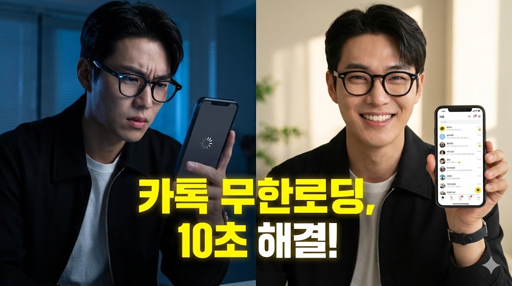 카카오톡 무한로딩 오류 해결 전과 후를 비교하는 분할 화면 이미지
