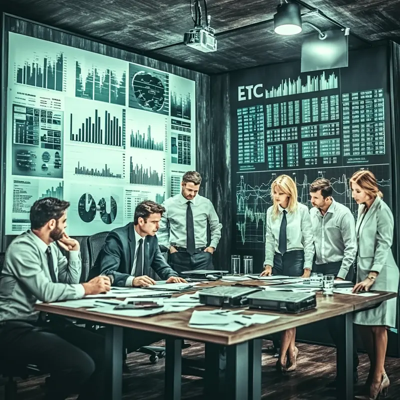 회의실에서 자산 관리자들이 다양한 데이터 차트를 바탕으로 ETF 포트폴리오 전략을 논의하며, 진지한 분위기 속에서 기획합니다.