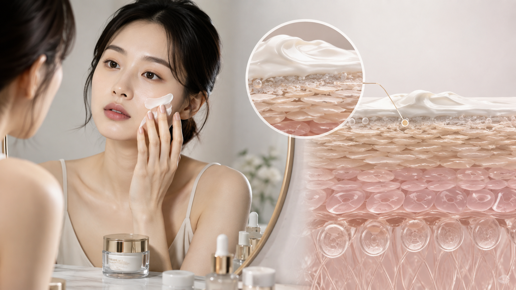 탄력 크림이 피부 겉에서 겉도는 이유와 피부 장벽 구조를 보여주는 이미지