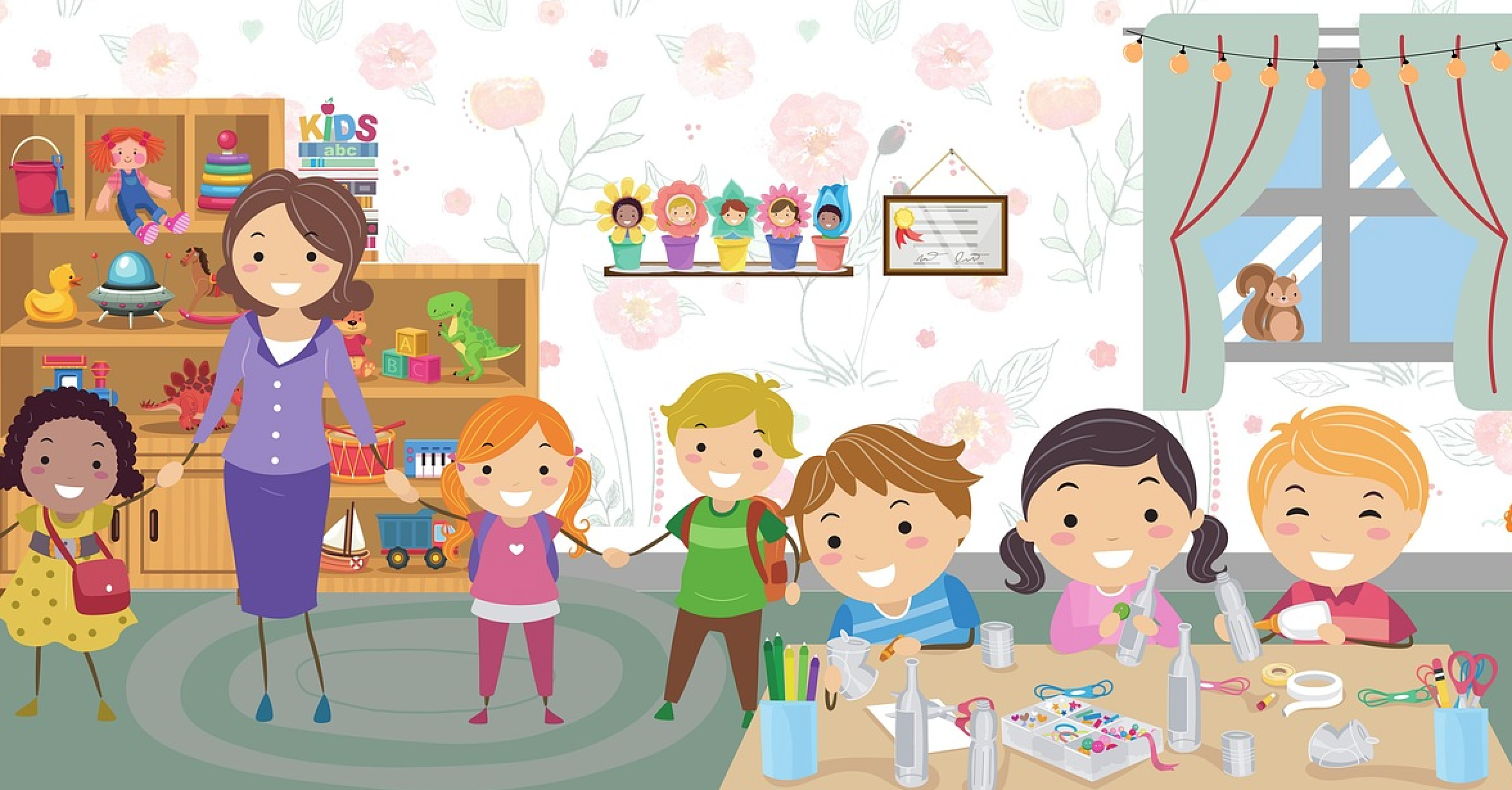 어린이집에서 아이들과 선생님이 과제를 하는 이미지