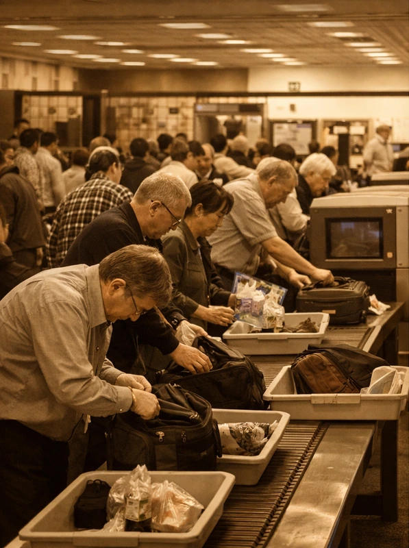 2000년대 공항 보안검색대에서 승객들이 가방을 열고 노트북과 액체류를 꺼내며 검색을 준비하는 혼잡한 모습