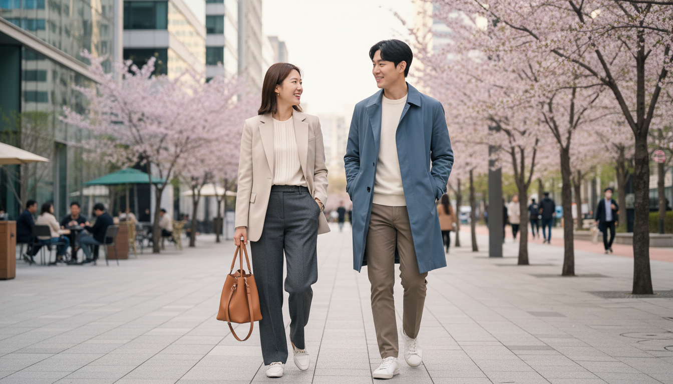 2026년 봄, 한국의 젊은 직장인 남녀가 추천 디자이너 브랜드의 세련된 봄옷을 입고 도심 속 공원에서 대화하는 모습. 오피스룩과 데일리룩의 조화가 돋보입니다.