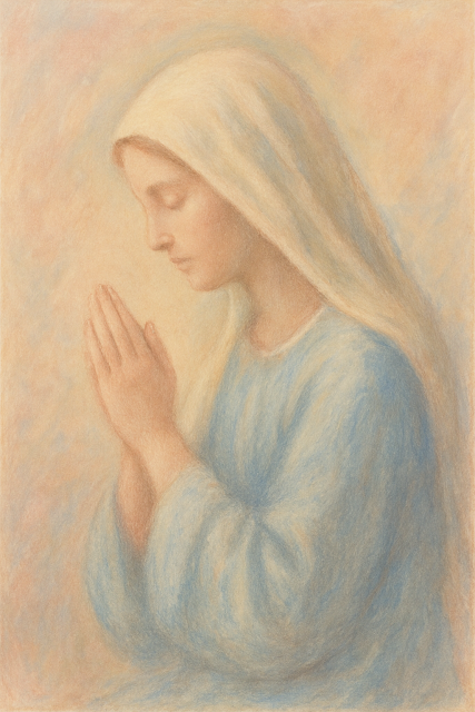 부드럽고 파스텔톤으로 그려진 여성의 옆모습 초상화. 여인은 연한 파란색 옷과 흰 베일을 쓰고 두 손을 모아 기도하고 있으며, 온화하고 경건한 분위기를 자아낸다.
