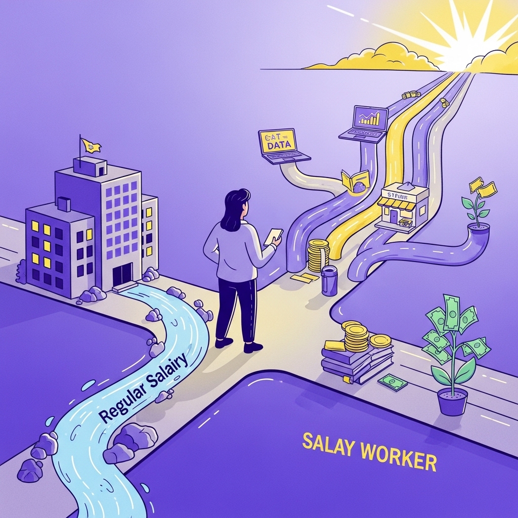 월급봉투와 여러 개의 파이프라인이 놓인 갈림길에 선 직장인이 밝은 미래를 바라보는 모습