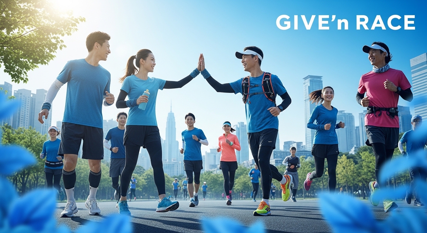 2026 기브앤레이스 마라톤에 참여하는 다양한 연령대의 사람들이 밝게 웃으며 달리는 역동적인 모습. 서울 여의도 공원 배경에 활기찬 에너지와 나눔의 정신이 느껴지는 장면.