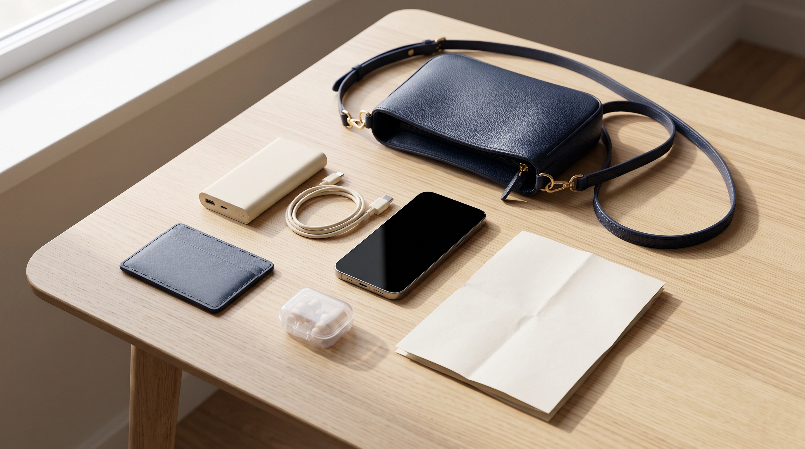 A navy crossbody bag, dark-screen phone, cream power bank, card holder and earplug case on a light wooden table.