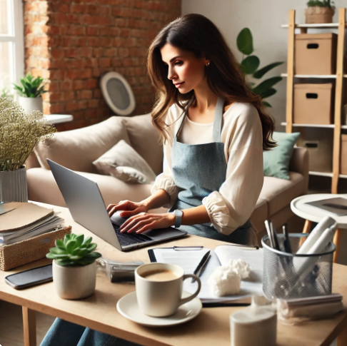 노트북으로 재택근무 하는 여성 이미지