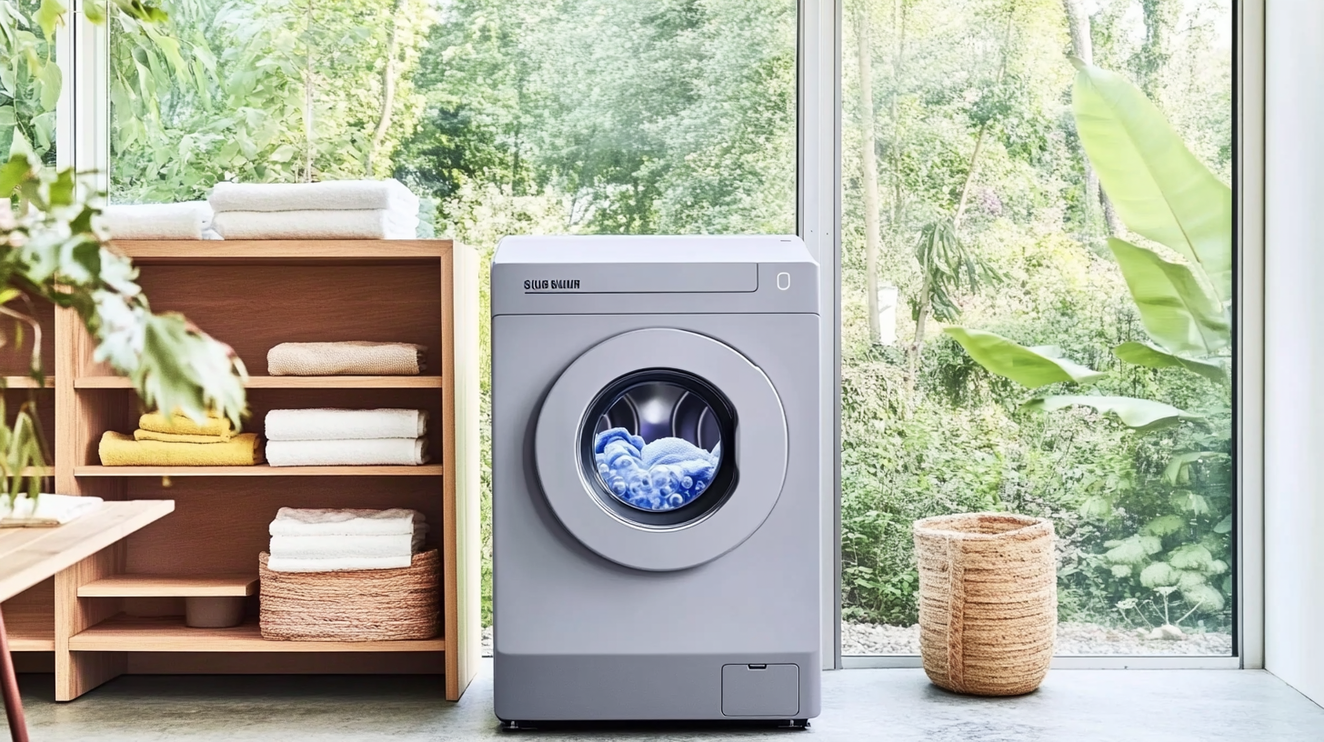 삼성 그랑데 통버블 세탁기가 설치된 현대적인 아파트 세탁실, 나무 선반과 잘 정리된 세탁 도구들, 라벤더 그레이 디자인과 밝은 창문에서 빛이 들어오는 모습