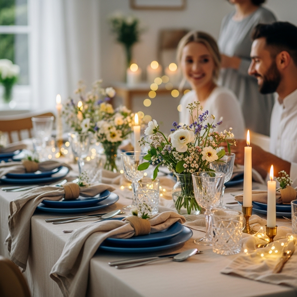 2025년 신혼부부 첫 집들이를 위한 클래식 블루 테마의 감성 홈파티 테이블 세팅