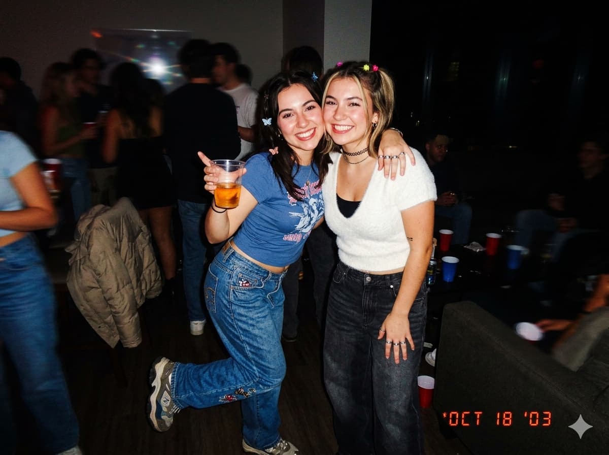 Y2K 패션을 입은 인물들이 밤에 빈티지 디카 플래시를 사용하여 촬영된 모습. 피사체는 밝고 배경은 어두운 전형적인 동굴 현상과 거친 노이즈 입자가 특징인 레트로 스타일 사진.