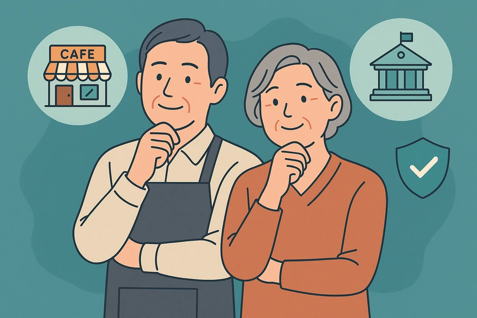 은퇴 후 소자본 창업 아이템을 고민하는 한국 시니어 부부와 카페, 정부 지원, 안정성을 상징하는 아이콘이 함께 있는 일러스트