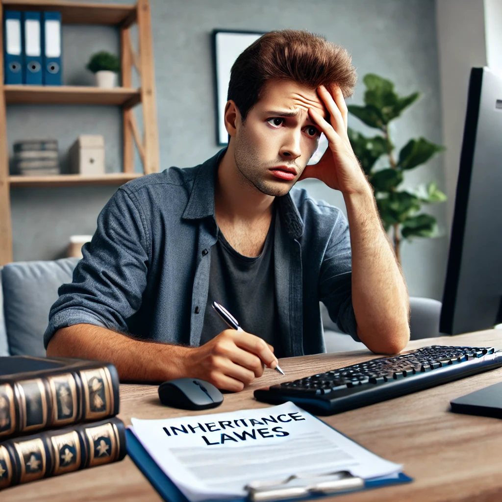 컴퓨터 앞에 앉아 상속 법을 검색하며 스트레스를 받고 있는 젊은 남성