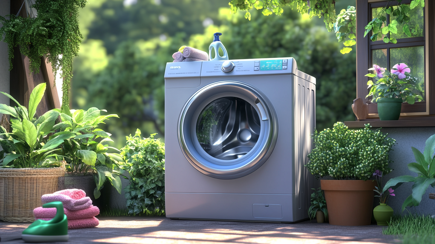 물 절약 기능을 강조한 AI 세탁기가 놓여 있는 평화로운 친환경 세탁 공간. 주변에는 실내 식물이 장식되어 있습니다.
