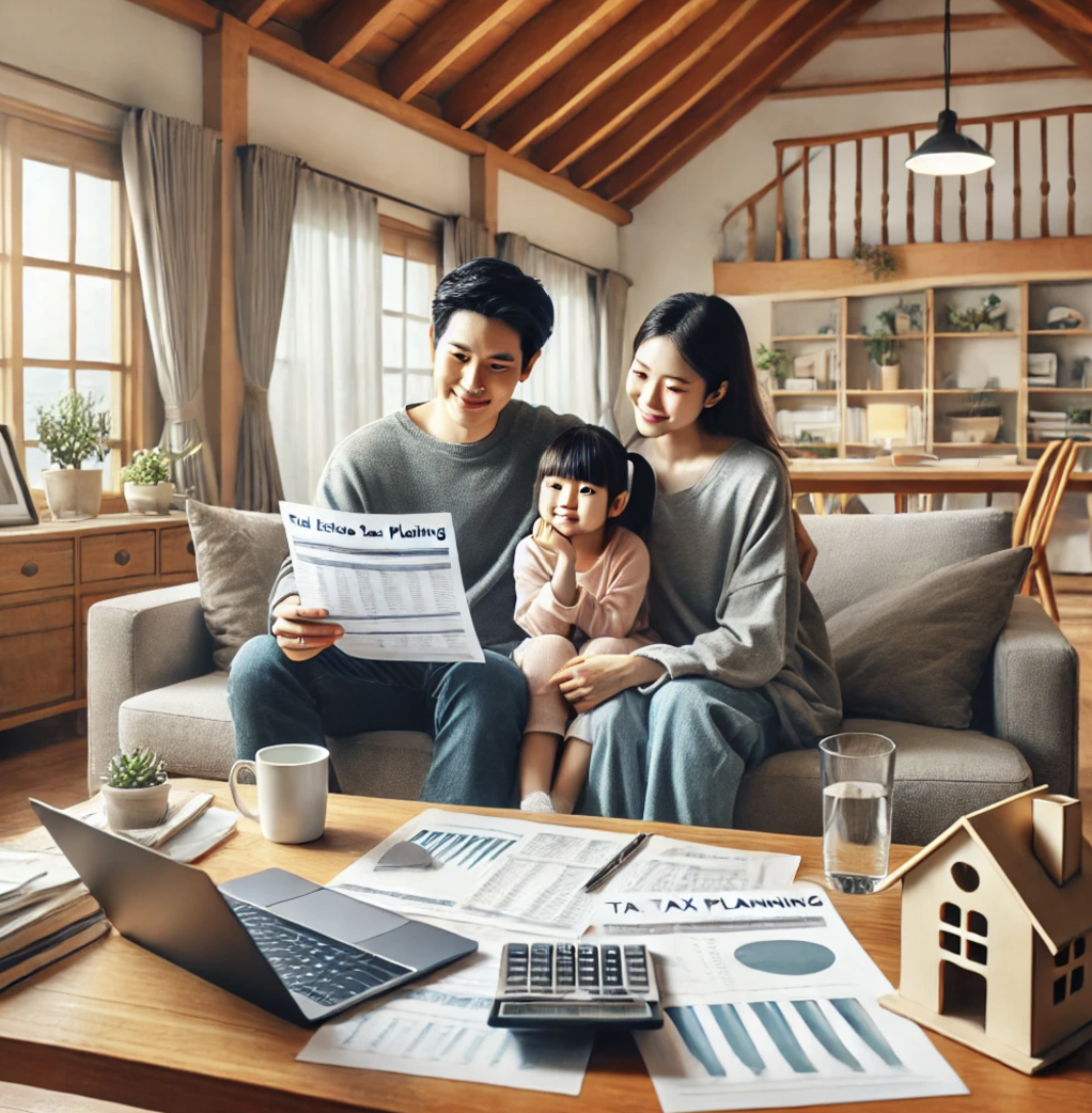 부동산 서류를 검토하며 세금 계획을 세우는 장면