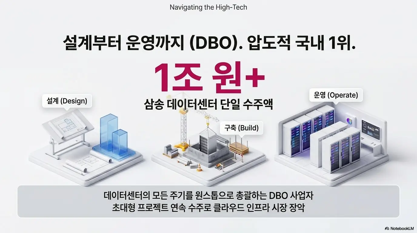 LG CNS 주가 전망: 설계부터 구축&amp;#44; 운영까지 책임지는 DBO 사업에서 LG CNS가 국내 1위라는 내용을 담은 이미지. 삼송 데이터센터 단일 수주액 1조 원 이상과 데이터센터 전 주기를 원스톱으로 총괄하는 사업 구조를 시각적으로 전달하며&amp;#44; 블로그의 LG 씨엔에스 클라우드 인프라 경쟁력과 관련된 내용을 설명함