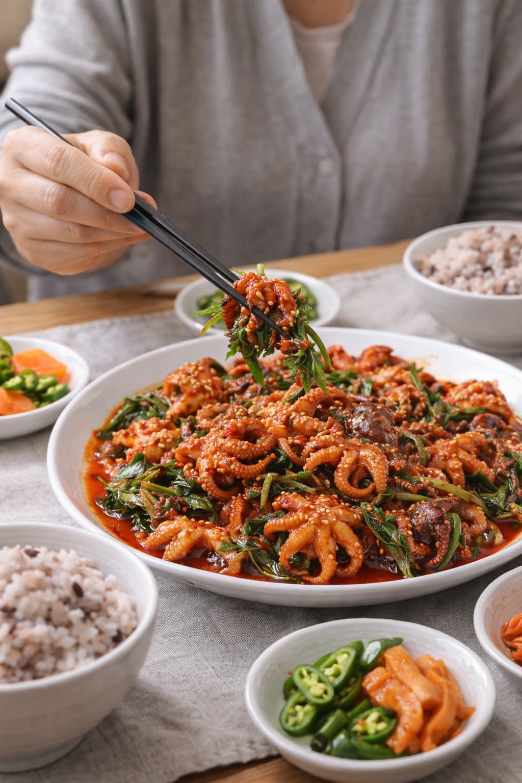 집에서 즐기는 매콤한 쭈꾸미볶음과 밑반찬, 젓가락으로 집는 모습