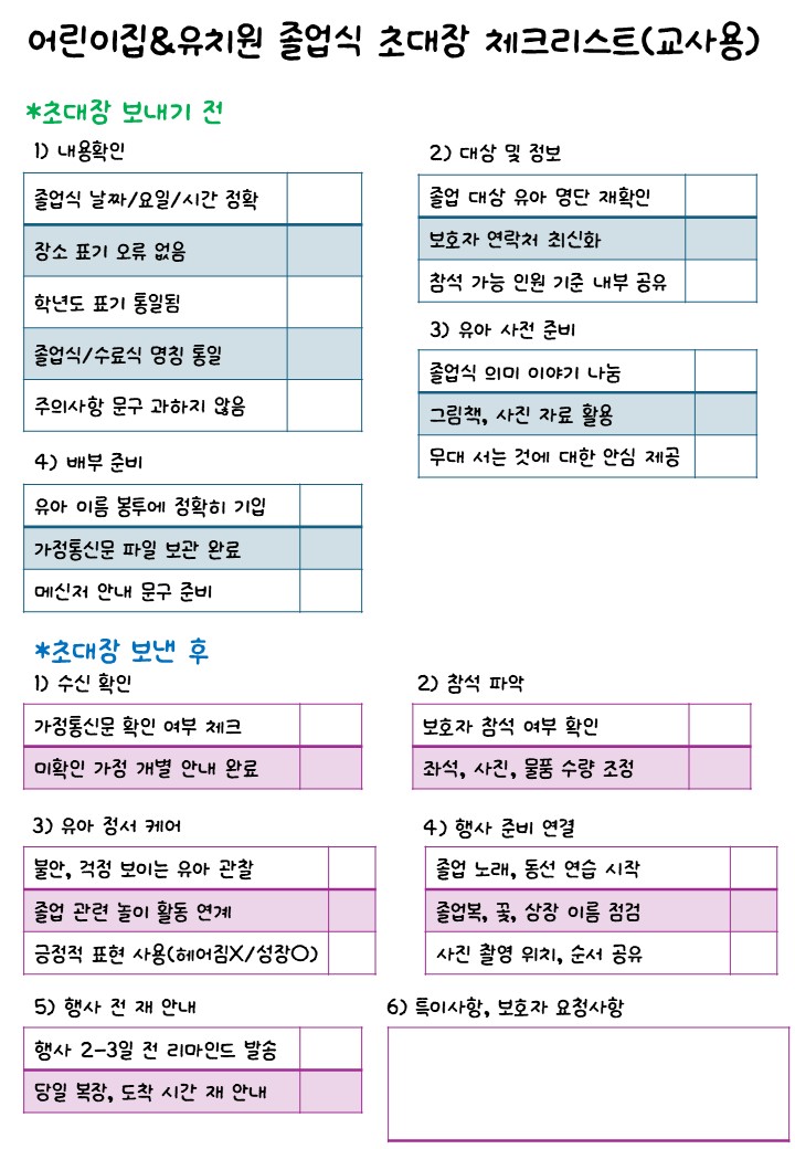 어린이집&유치원 졸업식 초대장 보내기 전과 후 체크리스트
