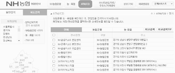 농협 ATM 이용시간, 영업점 위치 (경기)