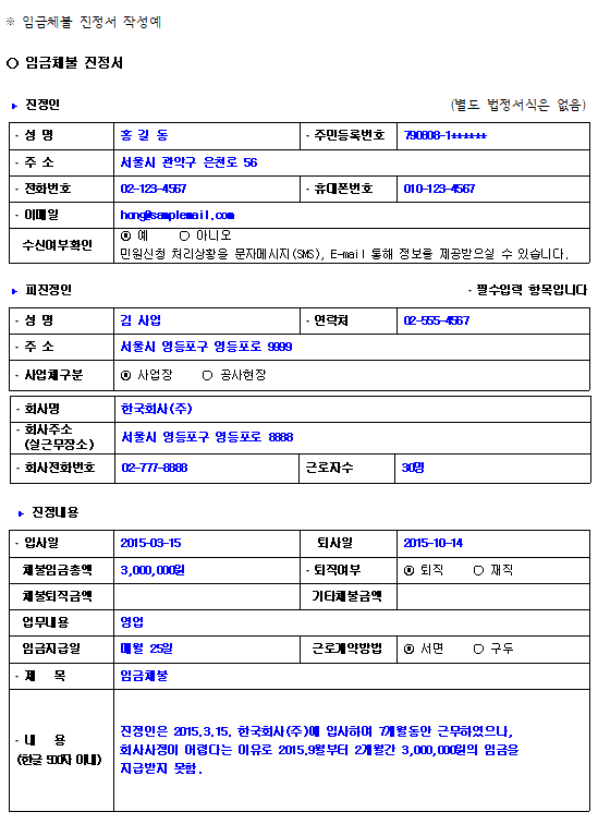 임금체불 진정서 작성 예시