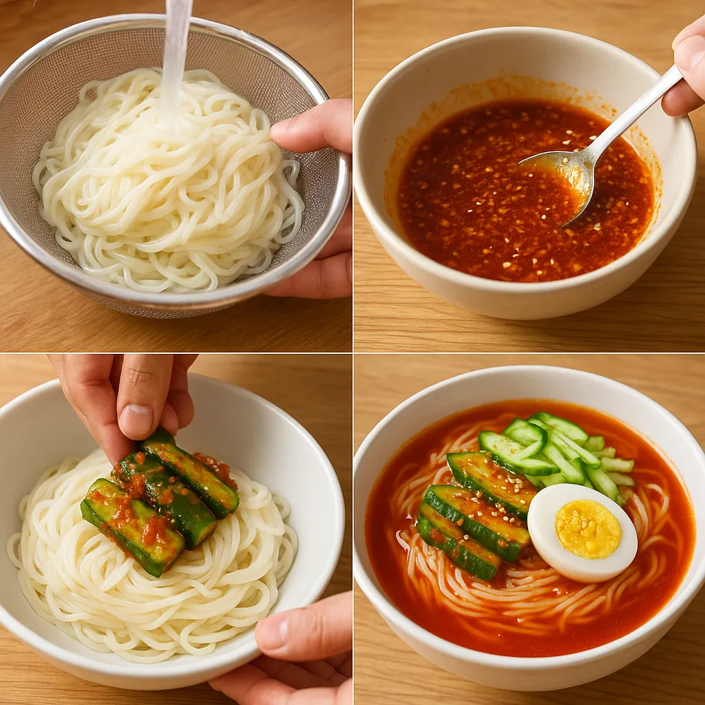 오이소박이 국수 만드는 과정을 4단계로 나눈 조리 사진