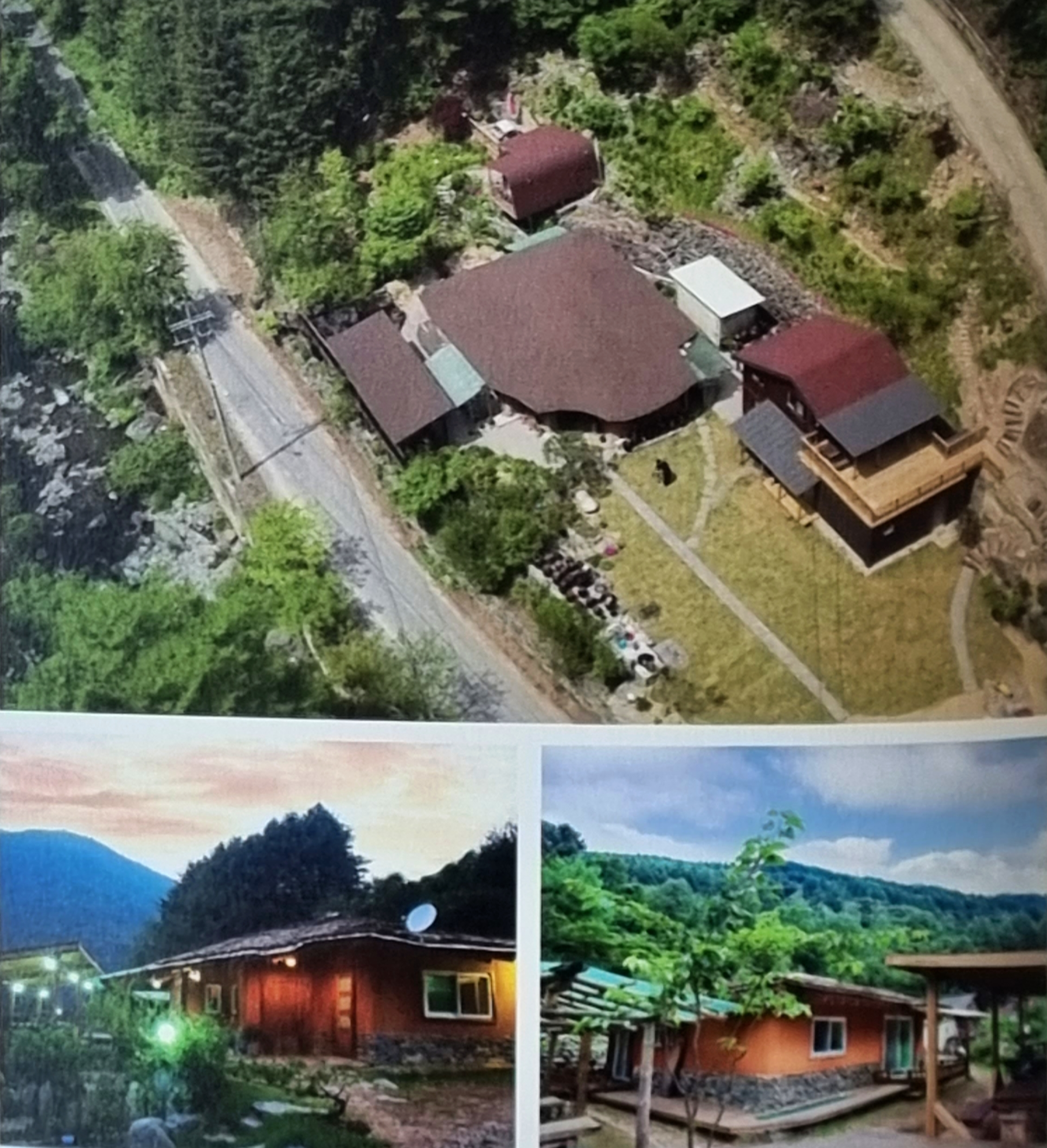 산모랭이 펜션 전경. 첫번째 사진은 드론으로 촬영한 항공뷰&#44; 한적한 도로가 옆에 지붕이 있고 마당의 잔디가 펼쳐져 있으며 그 옆으로는 나무가 심어져 있다. 아래에 두번째 사진은 해질녁 노을 배경으로 초가집 스타일의 펜션 지붕아래 조명이 켜져있다.