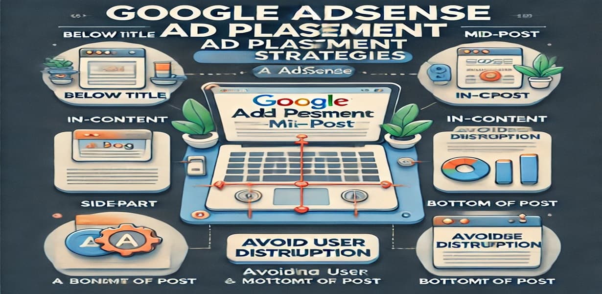 애드센스 광고 배치 전략 인포그래픽 – 제목 하단, 본문 중간, 사이드바, 하단에 광고 삽입 위치가 표시된 블로그 레이아웃 구성