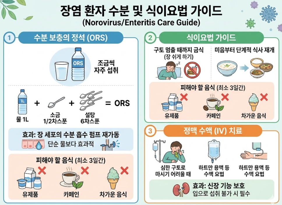 노로바이러스 장염 환자의 수분 보충과 식이요법, ORS 섭취 방법과 정맥 수액 치료 기준을 정리한 관리 가이드 이미지