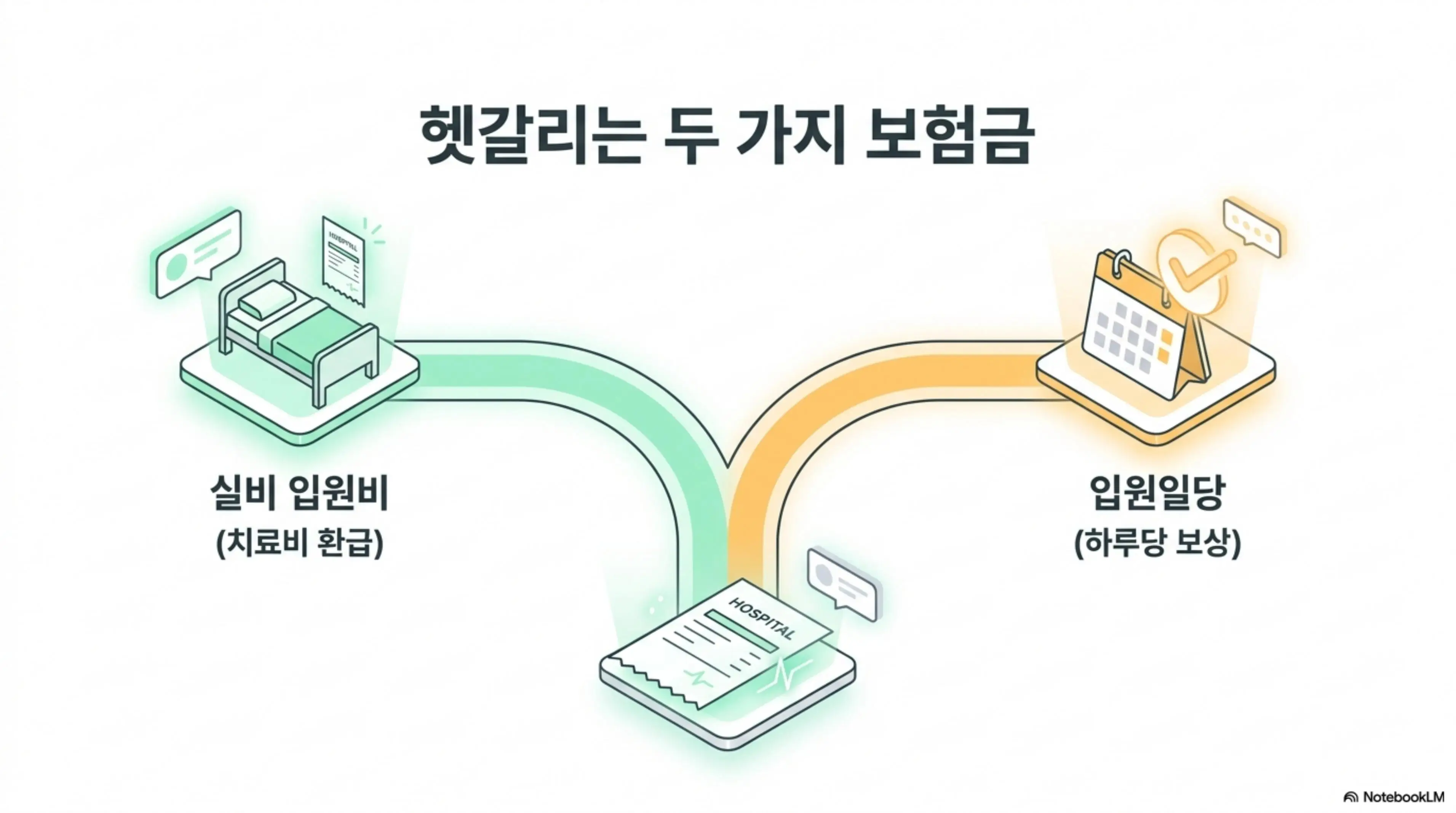 실비 입원비와 입원일당 두 가지 보험금의 차이를 보여주는 인포그래픽. 병원 진료비 영수증에서 실비 입원비는 치료비 환급으로 입원일당은 하루당 보상으로 각각 연결되는 흐름을 시각적으로 전달하며 블로그의 실비 입원비 보장 총정리와 관련된 내용을 설명함 