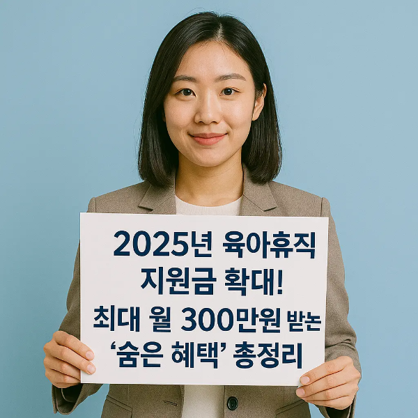 2025년 육아휴직 지원금 확대 문구가 적힌 안내판을 들고 있는 한국인 여성의 이미지