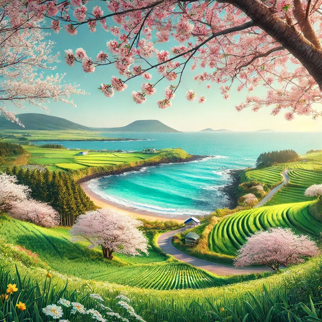 벚꽃이 만발하고 푸른 들판과 맑은 하늘이 어우러진 아름다운 풍경.