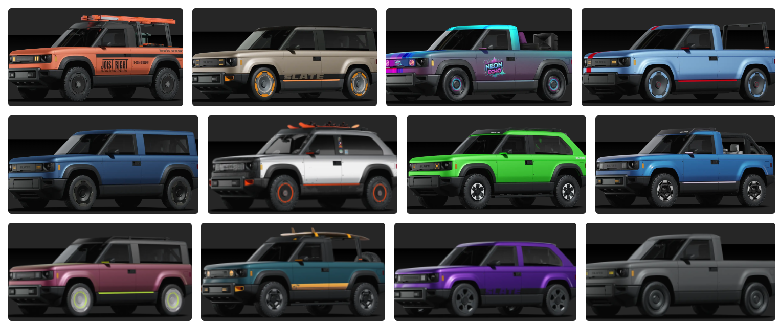 Slate Auto사의 Slate Truck 모델의 다양한 옵션 사진