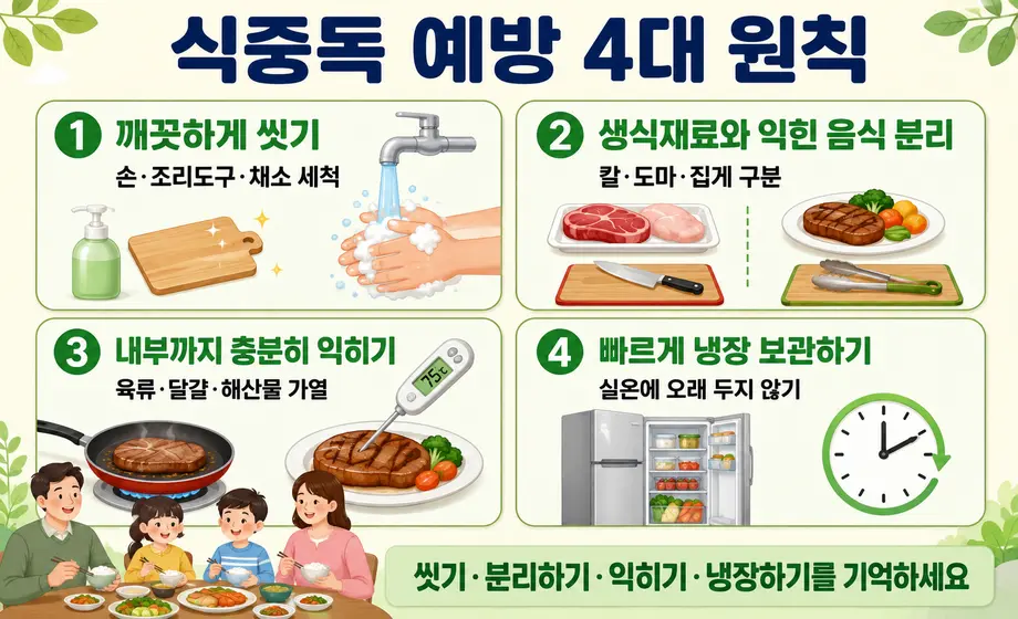 씻기, 분리하기, 익히기, 냉장하기로 구성된 식중독 예방 4대 원칙.