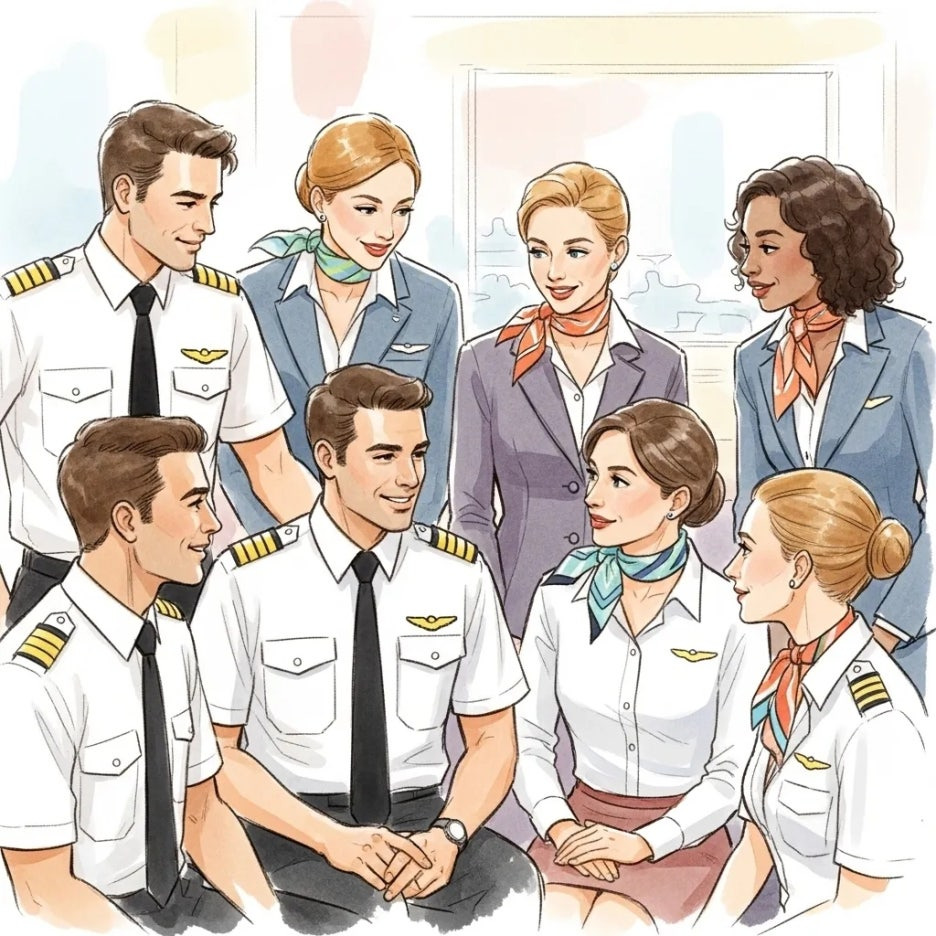 서로에게 격려를 나누는 항공사 동료들